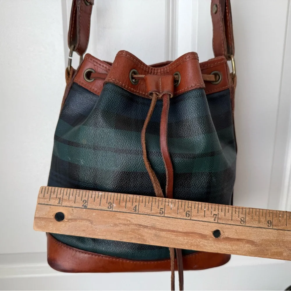 Vintage Polo RALPH LAUREN Green Tartan Plaid Leather Drawstring Bucket Bag 90s - Picture 14 of 16